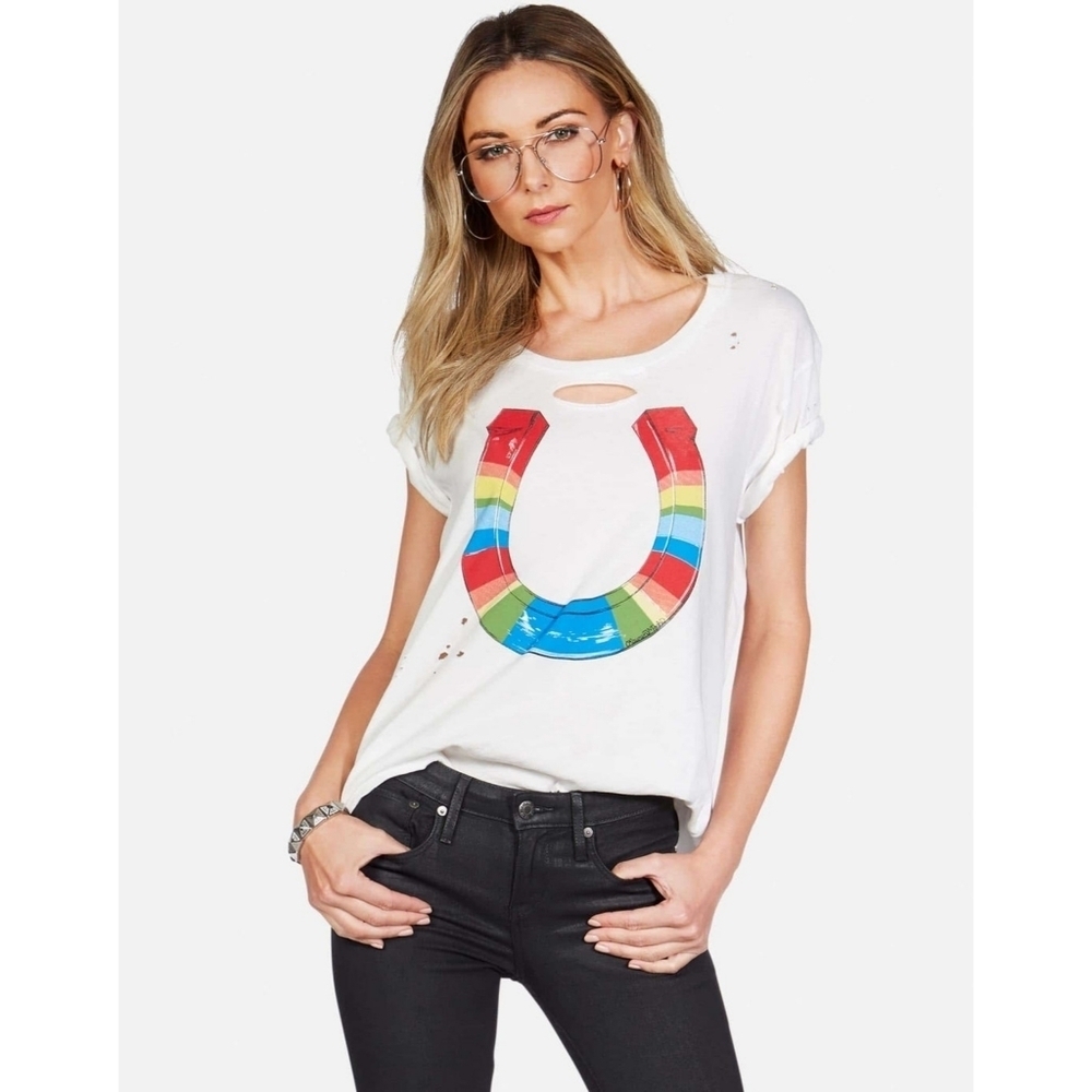 LAUREN MOSHI // ltd ed myra rainbow horseshoe distressed cut out super soft tee
